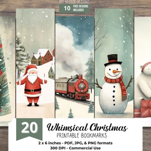 20 Whimsical Christmas PRINTABLE Bookmarks, High Resolution Digital Download Whimsical Winter Holiday JPG Bookmark Set, PNG sublimation