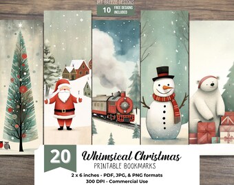 May include: Set of 20 printable Christmas bookmarks featuring whimsical illustrations. Designs include a Christmas tree, Santa Claus, a snowman, a polar bear, and a train. Each bookmark is 5.1 cm by 15.2 cm and is 300 DPI. The text on the image reads "Whimsical Christmas Printable Bookmarks 2 x 6 inches - PDF, JPG, & PNG formats 300 DPI - Commercial Use"