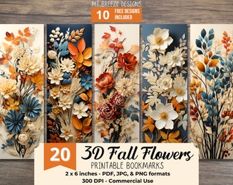 3D Fall Flowers PRINTABLE Bookmarks, High Resolution Digital Download Autumn JPG Bookmark Set, PNG bookmark sublimation, gift for book-lover