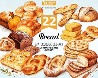 Conjunto de imágenes prediseñadas de acuarela de pan - 22 archivos PNG de imágenes prediseñadas para hornear pan de alta resolución para menús de panadería, fabricación de tarjetas, artesanías de papel, sublimación