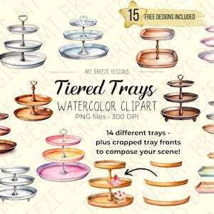 May include: A set of 14 watercolor illustrations of tiered trays in various colors and styles. The trays are perfect for displaying desserts, snacks, or other items. The illustrations are high-resolution and perfect for digital projects.