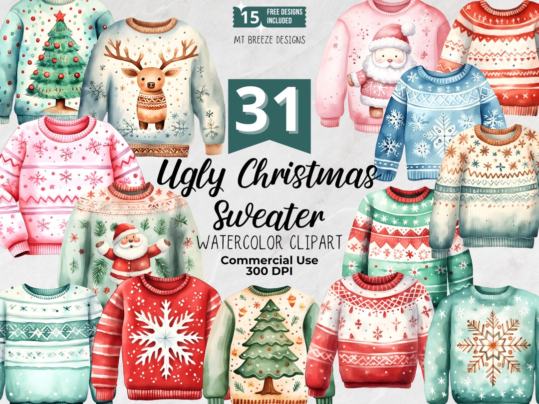 31 Ugly Christmas Sweater Watercolor Clipart Set - High Resolution Pink ...