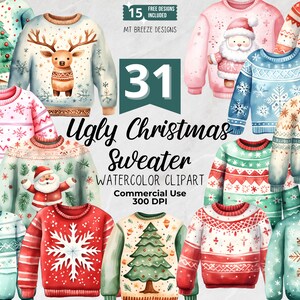 31 hässliche Weihnachtspullover Aquarell Clipart Set - hochauflösende rosa XMas Clip Art PNG Dateien für Kartenherstellung, Papierhandwerk, Sublimation