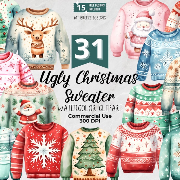 31Ugly Christmas Sweater Watercolor Clipart Set - High Resolution Pink XMas Clip Art PNG files for card making, paper crafts, sublimation