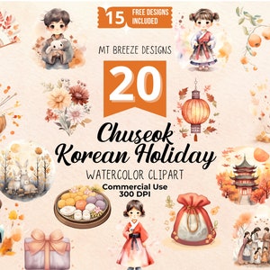 Conjunto de clipart de aquarela de férias Chuseok coreano - arquivos PNG de alta resolução do Festival da Colheita de Outono para confecção de cartões, artesanato em papel, sublimação