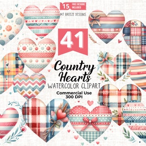 41 Conjunto de clipart aquarela de corações country, Cottagecore Valentine Heart Clip Art arquivos PNG para confecção de cartões, artesanato em papel fofo, sublimação