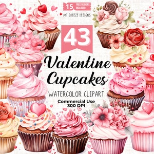 43 Valentine Cupcake Clipart-Set - Valentine Cupcake Dessert Clip Art PNG-Dateien für die Kartenherstellung, Papierhandwerk, Sublimation, Einladungen