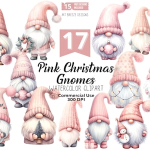 Peut inclure: Un ensemble de 17 images clipart aquarelle de gnomes de Noël roses. Les gnomes portent des tenues festives variées et tiennent des objets sur le thème de Noël, tels que des cadeaux, des ornements et un bonhomme de neige. Le texte "Pink Christmas Gnomes" et "Watercolor Clipart" est inclus dans l'image.
