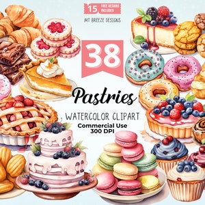 Set di clipart ad acquerello di pasticcini, 38 file PNG ad alta risoluzione di clipart di torte e dessert per panetteria, cartoline, artigianato con la carta, sublimazione