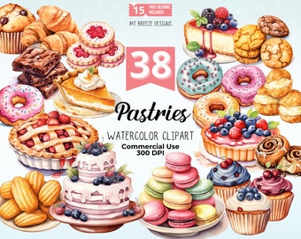 Pastries Watercolor Clipart Set - 38 High Resolution Cake & Dessert Baking Clip Art PNG files for bakery, cards, paper crafts, sublimation