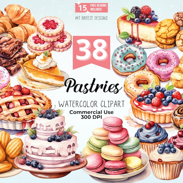 Pastries Watercolor Clipart Set - 38 High Resolution Cake & Dessert Baking Clip Art PNG files for bakery, cards, paper crafts, sublimation