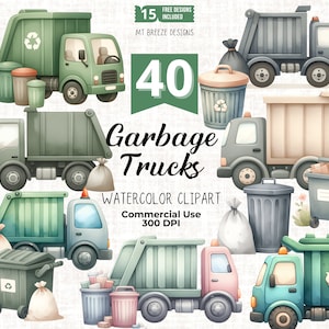 40 Garbage Trucks Clipart Set - Recycling und Garbage Trucks Clip Art PNG-Dateien für die Kartengestaltung, Junge Kinderzimmer Dekor, Papierhandwerk, Sublimation