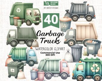 40 Set di clipart per camion della spazzatura - File PNG per il riciclaggio e la clip art del camion della spazzatura per la creazione di biglietti, decorazioni per la cameretta dei ragazzi, artigianato con la carta, sublimazione