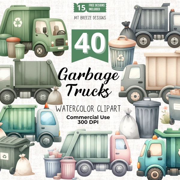 40 Garbage Trucks Clipart Set - Recycling and Garbage Truck Clip Art PNG files for card making, boy nursery decor, paper crafts, sublimation