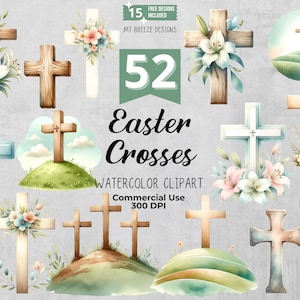 52 Conjunto de imágenes prediseñadas de la Cruz de Pascua - Archivos PNG de imágenes prediseñadas de crucifijo cristiano de alta resolución para boletines de la iglesia, tarjetas, artesanías de papel, sublimación