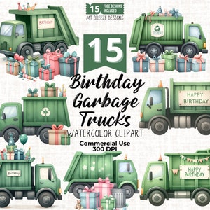 15 Geburtstags-Müll-Lastwagen-Clipart-Set - Recycling-Lastwagen Clip Art PNG-Dateien für Kleinkind Jungen Geburtstag Party Dekor, Kartengestaltung, Sublimation