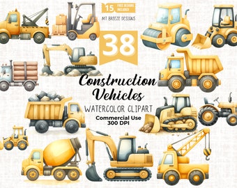 Puede incluir: Un conjunto de 38 ilustraciones de acuarela de vehículos de construcción amarillos, que incluyen una mezcladora de cemento, una excavadora, una retroexcavadora, una grúa, un camión volquete y más. Las ilustraciones son perfectas para crear invitaciones, tarjetas u otros proyectos de manualidades.