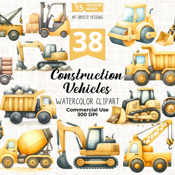 38 Construction Vehicle Clipart Set - Excavator, Dump Truck Clip Art PNG files for card making, nursery decor, paper crafts, sublimation