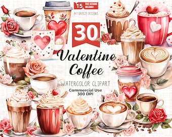 30 Valentine Coffee Clipart Set - Valentine Espresso, Mocha, & Latte Clip Art PNG files for card making, paper crafts, sublimation