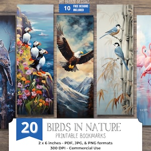 Puede incluir: Conjunto de 20 marcapáginas imprimibles con ilustraciones coloridas de pájaros en la naturaleza. Los marcapáginas miden 5,1 cm por 15,2 cm y están disponibles en formatos PDF, JPG y PNG. Tienen 300 DPI y se pueden utilizar con fines comerciales.