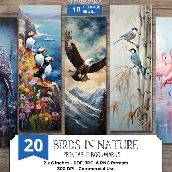 Birds in Nature PRINTABLE Bookmarks, High Resolution Digital Download Paper Art Bird JPG Bookmark Set, PNG sublimation, stocking stuffer