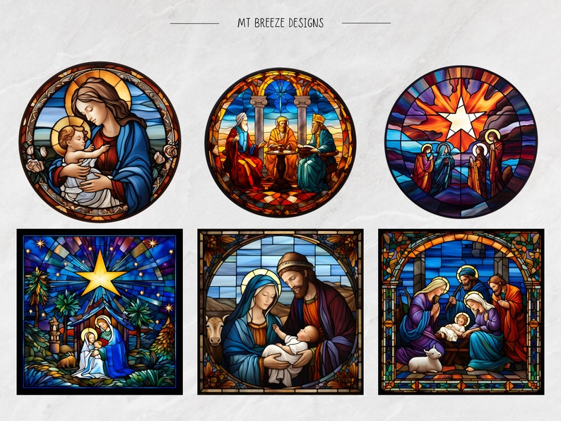 May include: Six stained glass window designs depicting scenes from the Nativity story. The designs feature a star, a manger, and figures of Mary, Joseph, and baby Jesus.