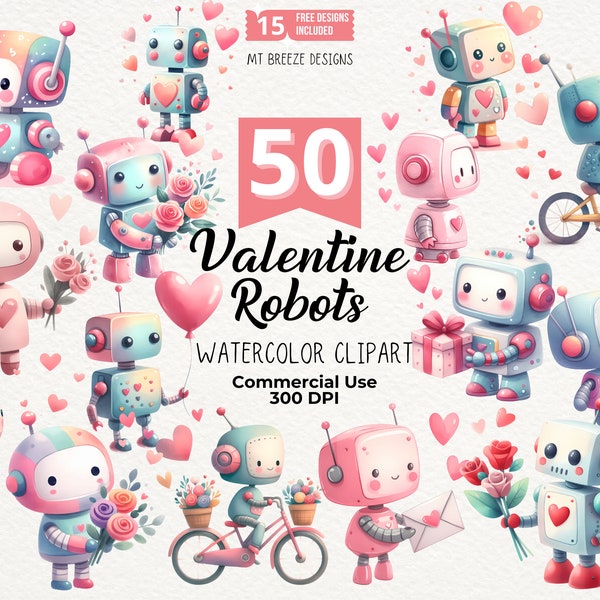 50 Valentine Robot Clipart Set - Robot Hearts and Love Clip Art PNG files for Valentine card making for kids, cute paper crafts, sublimation