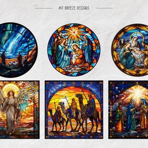 May include: Six stained glass window designs depicting scenes from the Christmas story. The designs include the star of Bethlehem, the three wise men, the nativity, and angels. The windows are all framed in black and have a textured background.