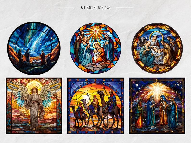 May include: Six stained glass window designs depicting scenes from the Christmas story. The designs include the star of Bethlehem, the three wise men, the nativity, and angels. The windows are all framed in black and have a textured background.