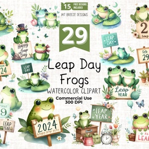 Conjunto de clipart de 29 anos bissextos - arquivos PNG de clipart de sapo de dia bissexto para confecção de cartões de aniversário, artesanato em papel de 29 de fevereiro e sublimação