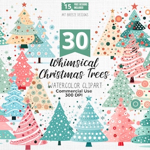 40 Whimsical Christmas Trees Clipart Set - High Resolution Holiday Xmas Tree Clip Art PNG files for card making, paper crafts, sublimation