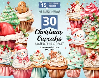 30 Kerst Cupcakes Aquarel Clipart Set - Hoge Resolutie Winter Cup Cake Clip Art PNG-bestanden voor het maken van kaarten, papierambachten, sublimatie