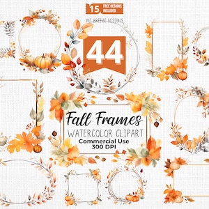 Könnte beinhalten: Ein Set mit 44 Aquarell-Herbstrahmen mit Kürbissen, Blättern und Zweigen. Die Rahmen sind perfekt, um Ihren Designs einen Hauch von Herbst zu verleihen. Kommerzielle Nutzung, 300 DPI.