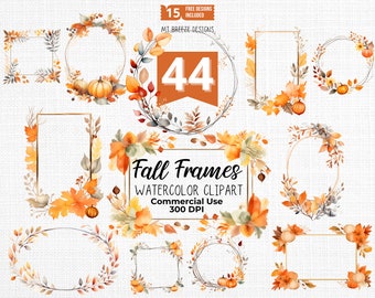 Set di clipart ad acquerello con cornici autunnali, file PNG ad alta risoluzione del Giorno del Ringraziamento della Turchia con foglie autunnali per la realizzazione di cartoline, lavori di carta, sublimazione