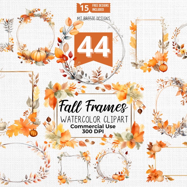 Fall Frames Watercolor Clipart Set, High Resolution Thanksgiving Turkey Day fall leaves PNG files for card making, paper crafts, sublimation