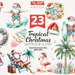 23 tropische kerst clipart set-hoge resolutie surfen Santa Beach clip art PNG-bestanden voor het maken van kaarten, sublimatie, Kerstmis in juli