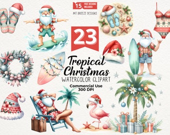 23 Tropical Christmas Clipart Set - High Resolution Surfing Santa Beach Clip Art PNG files for card making, sublimation, Christmas in July