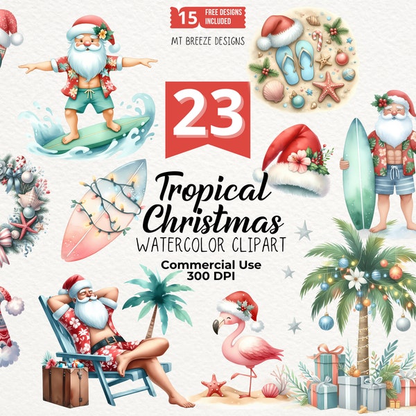 Ensemble de 23 cliparts Noël tropical - haute résolution surf Santa Beach Clip Art PNG pour la fabrication de cartes, sublimation, Noël en juillet