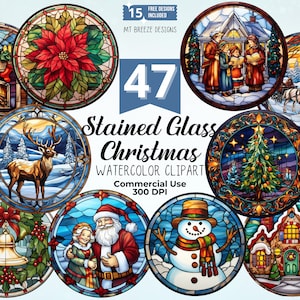 20 Stained Glass Christmas Clipart Set - High Resolution Winter Xmas Holiday Clip Art PNG files for card making, paper craft, sublimation
