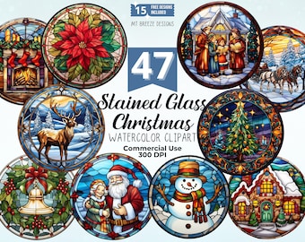 20 Stained Glass Christmas Clipart Set - High Resolution Winter Xmas Holiday Clip Art PNG files for card making, paper craft, sublimation