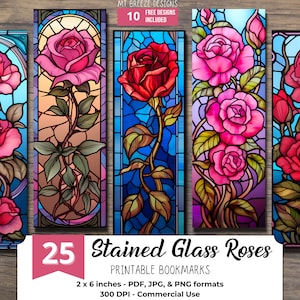 Segnalibri stampabili con rose in vetro colorato, set di segnalibri JPG floreali con download digitale ad alta risoluzione, sublimazione PNG, regalo di San Valentino libresco