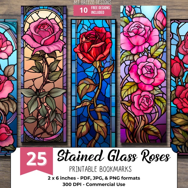 Stained Glass Roses PRINTABLE Bookmarks, High Resolution Digital Download Floral JPG Bookmark Set, PNG sublimation, bookish Valentine gift