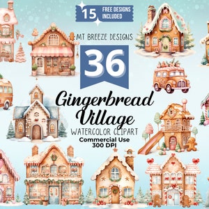 36 Gingerbread Village Watercolor Clipart Set - High Resolution Xmas Clip Art PNG files w/ gingerbread cookie houses, shops, town buildings