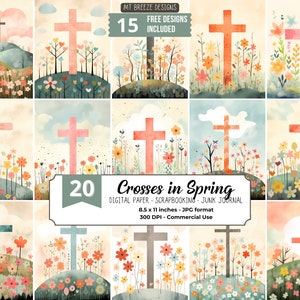 20 cruces en conjunto de papel digital de primavera, fondo de cruz de Pascua, descargar diario basura JPG, papel de álbum de recortes cristiano, carta vertical de EE. UU.