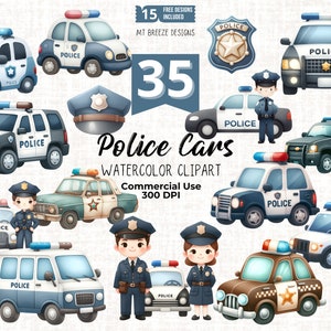35 set di clipart per auto della polizia - file PNG per veicoli della polizia e clip art per la creazione di cartoline, decorazioni per la cameretta dei ragazzi, artigianato con la carta, sublimazione
