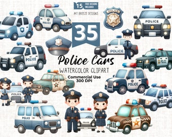 May include: A set of 15 watercolor illustrations of police cars, including a police van, a police car with a siren, and a police car with a star on the side. The illustrations are in a cartoon style and are perfect for use in digital scrapbooking, card making, and other craft projects.