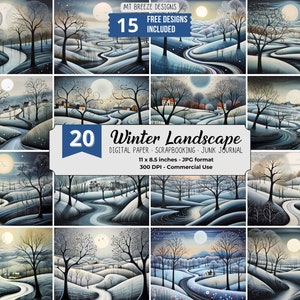 20 Winter Landscape Digital Paper Set, Snowy Winter Background, Download Junk Journal JPG, Countryside Scrapbook Paper, US Letter Horizontal