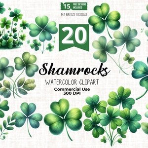 20 Shamrock Clipart Set - Archivos PNG de alta resolución Green St Patricks Clover Clip Art para la fabricación de tarjetas, artesanías de papel, sublimación, pegatinas
