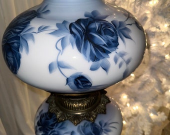 GWTW 3 way Hurricane Hand Painted White and Blue Floral Lamps