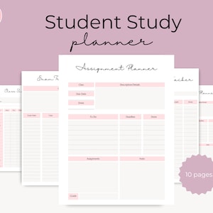 May include: A printable student study planner with 10 pages. The planner includes sections for class schedules, exam dates, assignments, to-do lists, deadlines, and notes.